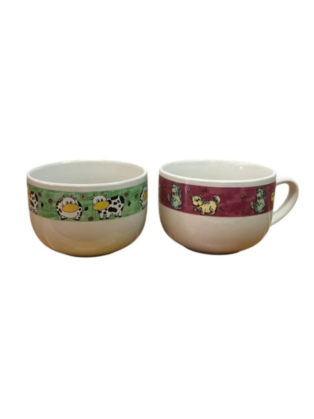 Pair of whimsical mugs, cartoon pattern, funky, farm life, gift giving